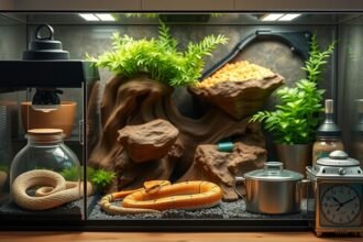 Kígyó terrárium berendezése növényekkel és eszközökkel.