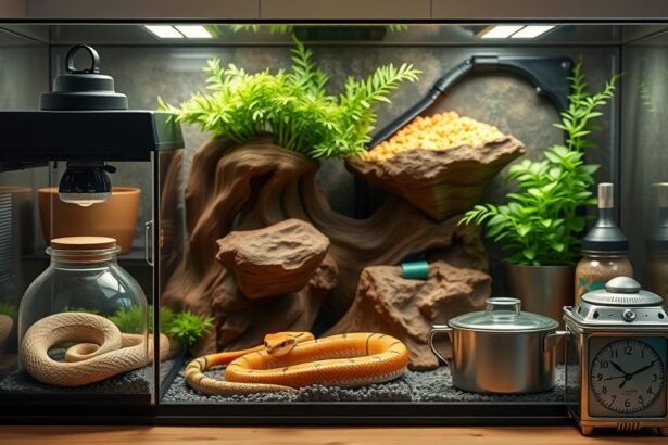 Kígyó terrárium berendezése növényekkel és eszközökkel.