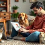 Férfi kutyával, macskával és nyuszikkal ülve, kisállat biztosítás árakat néz.