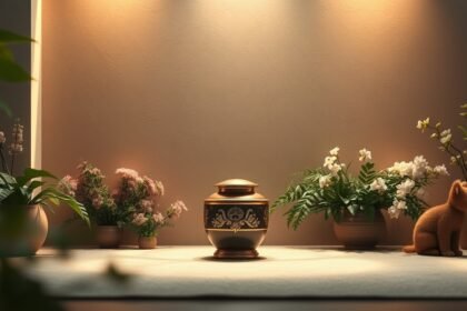 Egy kisállat hamvasztásához készült urnával és virágokkal díszített emlékhely