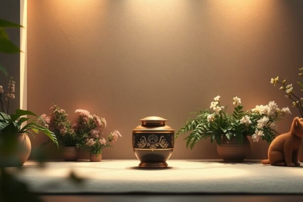 Egy kisállat hamvasztásához készült urnával és virágokkal díszített emlékhely