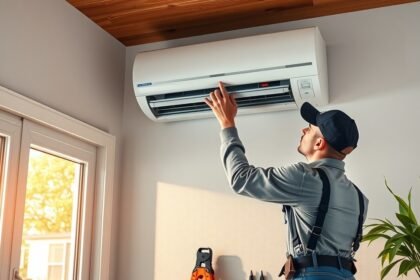 Klímaszerelő telepíti a légkondicionálót otthoni környezetben