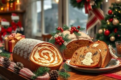Karácsonyi stollen és panettone ünnepi díszítés mellett