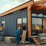 Konténerház építése, új otthon kialakítása munkásokkal.