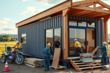 Konténerház építése, új otthon kialakítása munkásokkal.