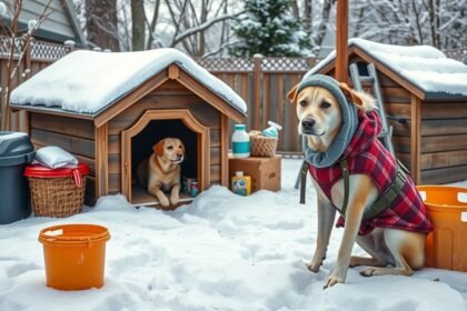 Kutyák téli felkészítése kinti tartásra hóban és kutyaházban.