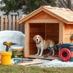Kutyaház szigeteléshez szükséges eszközök és anyagok a kertben
