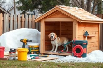 Kutyaház szigeteléshez szükséges eszközök és anyagok a kertben