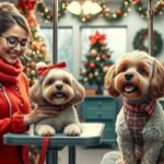 Kutyaszalon karácsonyi látogatás, boldog kutyák és stylist.