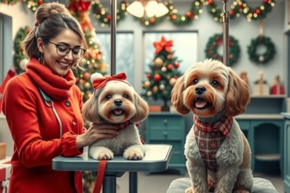 Kutyaszalon karácsonyi látogatás, boldog kutyák és stylist.