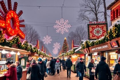 Karácsonyi vásár Budapesten, gyönyörű világítással és ünnepi hangulattal.