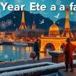 Külföldi szilveszteri utazás városképe ünnepi fényekkel és díszekkel