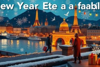 Külföldi szilveszteri utazás városképe ünnepi fényekkel és díszekkel