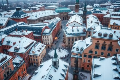 Téli városnéző túra hóval borított épületekkel