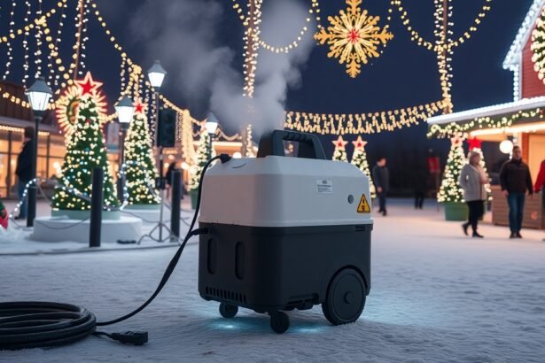 Kültéri hóágyú ünnepi fények alatt, téli hangulatban.