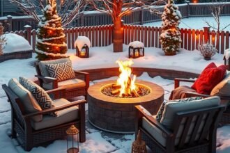 Kültéri tűzrakóhely télen, hóval borított kertben.