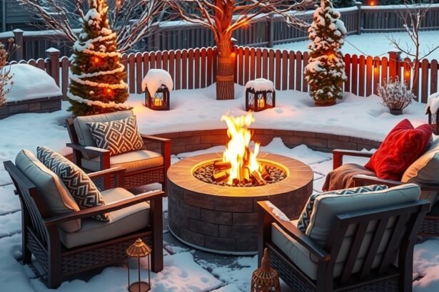 Kültéri tűzrakóhely télen, hóval borított kertben.