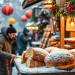 Frissen sült kürtőskalács hóval borítva téli vásáron