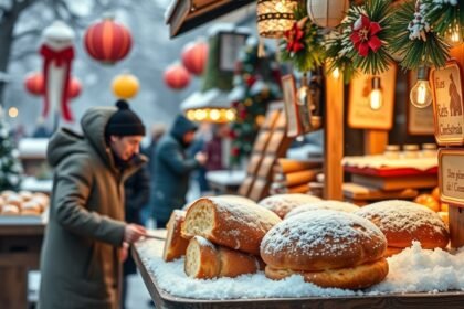 Frissen sült kürtőskalács hóval borítva téli vásáron