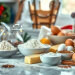 Karácsonyi süteményhez szükséges alapanyagok az ünnepi konyhában.