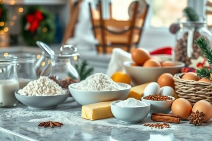 Karácsonyi süteményhez szükséges alapanyagok az ünnepi konyhában.