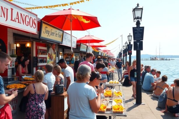 Lángos árusítás a Balaton partján, napsütéses időben
