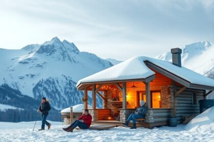 Téli utazás egy hóval borított hegyi háznál