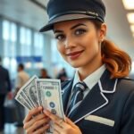Légiutas-kísérő pénzzel a kezében az utasfelvételnél