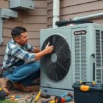 Szakember légkondicionáló karbantartását végzi otthon