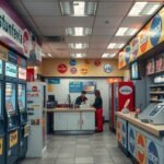 Lottózó belső tér, szerencsejáték automatákkal és pénztárral.