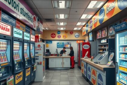 Lottózó belső tér, szerencsejáték automatákkal és pénztárral.