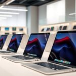 Modern MacBook laptop collection in a tech store