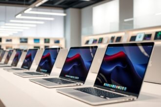 Modern MacBook laptop collection in a tech store