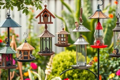 Különböző stílusú madáretetők színes virágok között