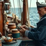 Matróz a hajón pénzt számol, tengeri munka, bér és fizetés