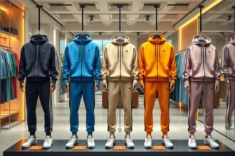 Színes melegítő szettek kiállítva egy boltban.