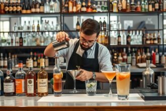 Férfi bartender koktél készítése egy modern bárban