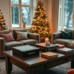 Karácsonyi társasjátékok a karácsonyi díszítés mellett a nappaliban.