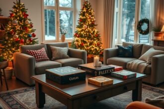 Karácsonyi társasjátékok a karácsonyi díszítés mellett a nappaliban.