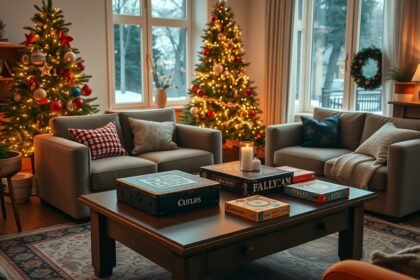 Karácsonyi társasjátékok a karácsonyi díszítés mellett a nappaliban.