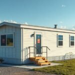 Modern mobilház napfényben, zöld környezetben