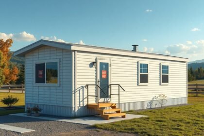 Modern mobilház napfényben, zöld környezetben