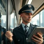 Mozdonyvezető a vonaton, táblagépet használva.