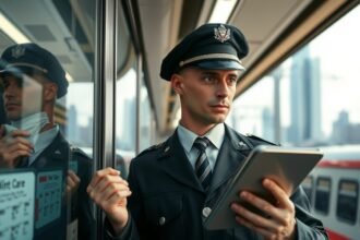 Mozdonyvezető a vonaton, táblagépet használva.