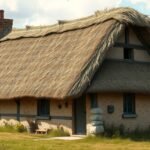 Nádtetős ház vidéki környezetben, szép tájjal.