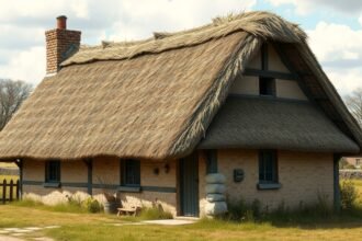 Nádtetős ház vidéki környezetben, szép tájjal.