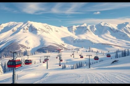 Sílift a havas hegyekben, tökéletes a téli sportokhoz.