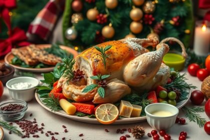 Karácsonyi töltött csirke ünnepi asztalon friss zöldségekkel és köretekkel.