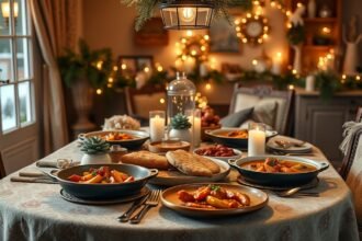 Téli családi vacsora forró ételekkel és hangulatos dekorációval.