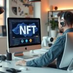 Fiatal férfi dolgozik egy számítógépen NFT tervezésén.